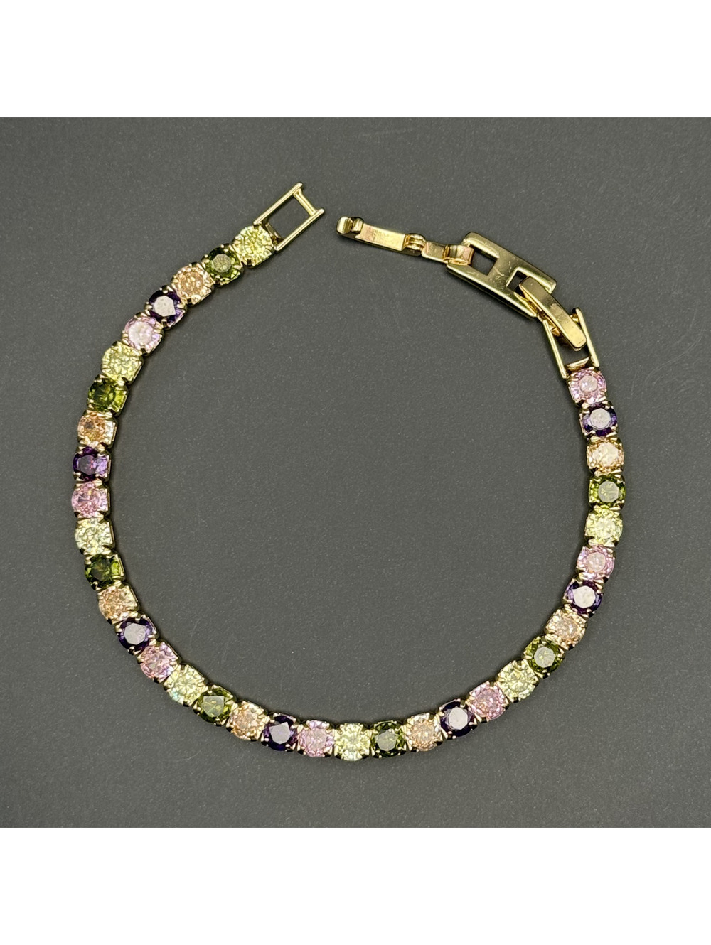 candy+clover Muted Rainbow Crystal Gold Tone Tennis Bracelet